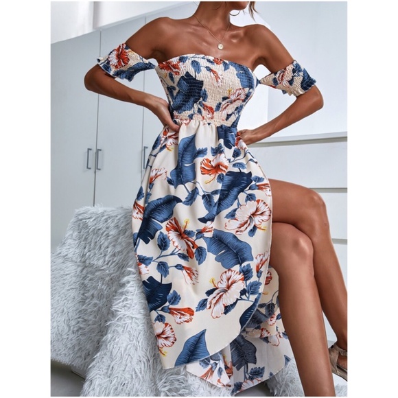 Bellanblue Dresses & Skirts - Boho Blue Floral Tropical Leave Off Shoulder dress